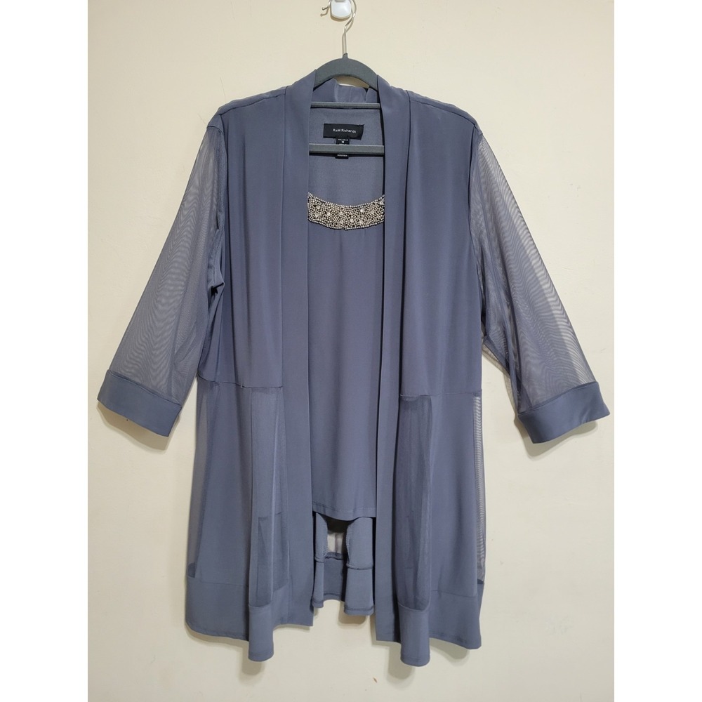 R&M Richards Shrug Top Womens Size 18 Gray Sparkle Sequin Layered Shirt Stretch - Picture 2 of 14
